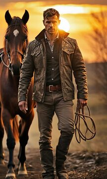Man and her horse at dusk. Man with hourse.
