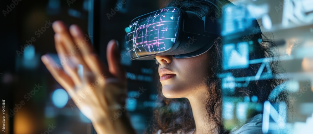 Poster a person using virtual reality technology with interactive digital graphics.
