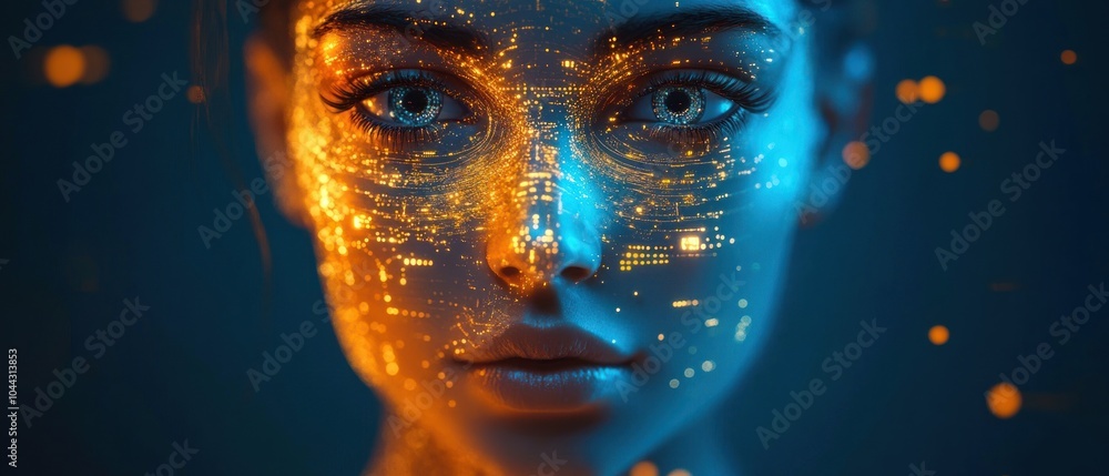 Poster a digital face blending human features with glowing data patterns.