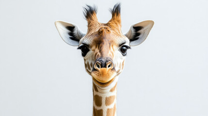 A cheerful young giraffe showcasing its distinctive spots and charming expression.