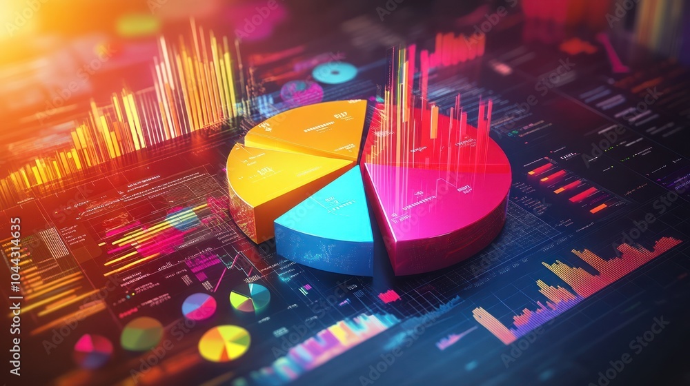Poster a colorful data visualization featuring pie charts and graphs for analytical purposes.