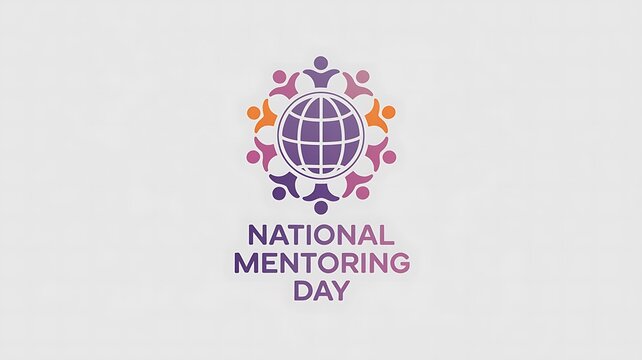 Stylized Globe Logo Design for National Mentoring Day – Purple Globe Surrounded by Diverse Silhouettes in Circular Formation on White Background, with Bold Gradient Typography Representing Guidance an