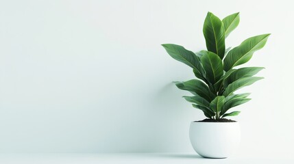 A green plant in a minimalist pot on a white background,