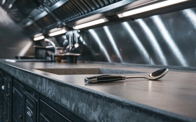 Industrial Kitchen A close-up of a stainless steel spoon laying on a gray concrete countertop in a modern kitchen.