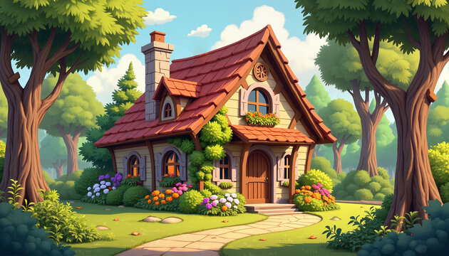 Charming cottage surrounded by colorful flowers and lush trees in a fairytale setting, cover for a children's book
