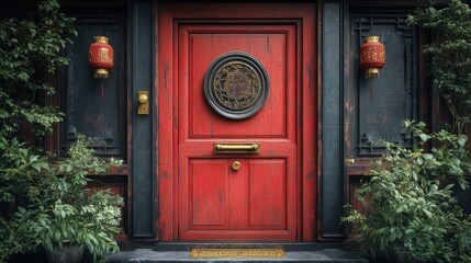 Obraz premium A Bagua mirror hanging above a red Chinese front door with a brass knocker.
