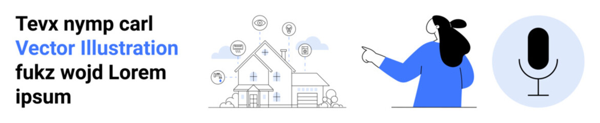Smart home diagram with connecting icons and a person interacting with a microphone. Ideal for technology, smart home systems, digital communication, virtual assistant, and user interface. Banner