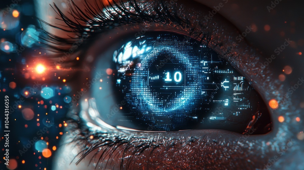 Poster a human eye with digital interface and bokeh lights