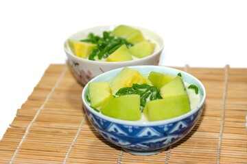 Pictures of Thailand dessert with Lod Chong and serving with melon for topping.