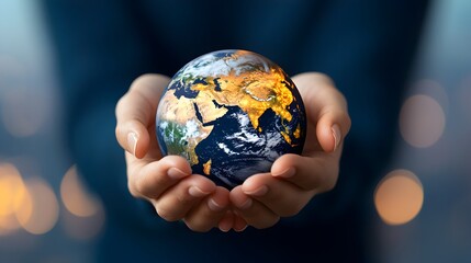 Fototapeta premium A pair of hands tenderly holding a softly glowing Earth casting a gentle light in the surrounding darkness symbolizing hope care and stewardship for our fragile planet
