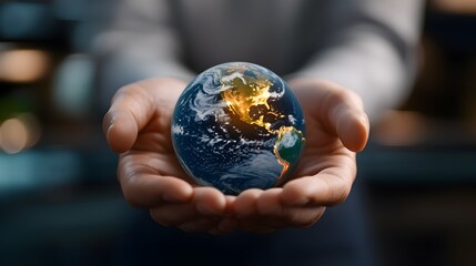 Fototapeta premium Glowing Earth Cradled in Hands Symbolizing Global Unity Environmental Stewardship and a Brighter Future for Humanity