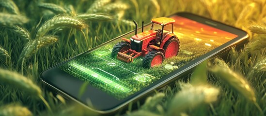 A smartphone displaying a digital tractor on grass, blending technology with agriculture.