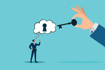 Visionary Businessman Unlocks Success, A Keyhole of Ideas with a Guiding Hand Holding the Key to Achievement