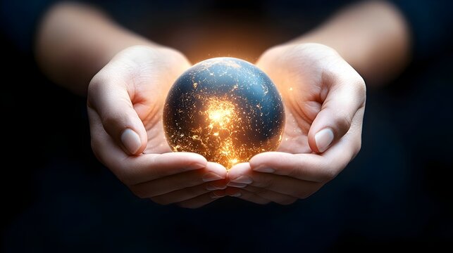 Hands gently cupping and cradling a glowing luminous Earth casting a soft calming light into the surrounding darkness  This symbolic imagery represents the idea of global unity