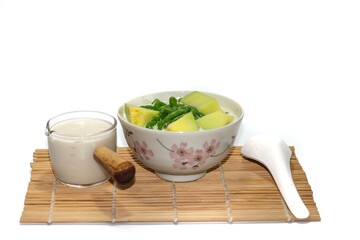 Pictures of Thailand dessert with Lod Chong and serving with melon for topping in bamboo tray.