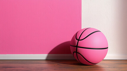 Pink basketball rests against two toned pink and white wall on wooden floor, creating vibrant and playful atmosphere