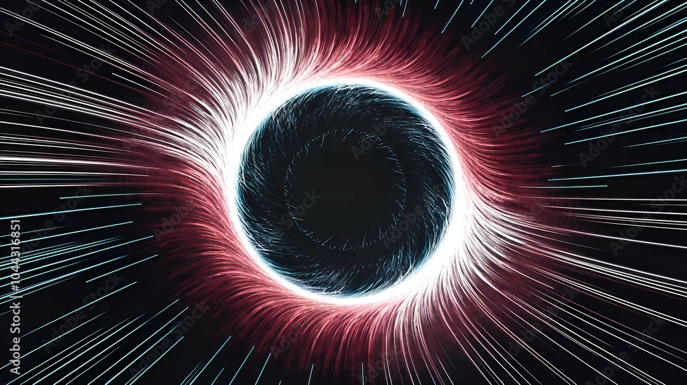 Poster abstract eclipse design with glowing red and white light streaks on a dark background, symbolizing c