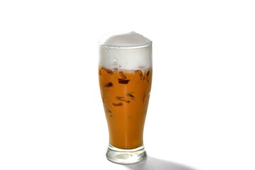 Latte ice coffee serving on sack and coffee beans spread on glass,white background and isolate style.