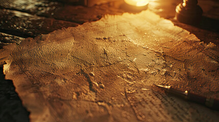Ancient Parchment with Cracks and Worn Fibers on Wooden Desk