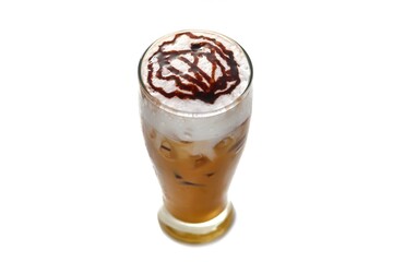 Pictures of menu latte ice coffee serving with chocolate sauce topping in white background, isolate concept.