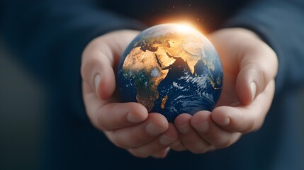 Fototapeta premium Hands gently holding a softly glowing Earth shining in the darkness representing the concept of global peace unity and our interconnected world