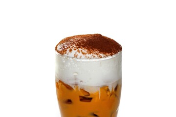 Latte ice coffee serving with milk foam and cocoa powder for topping, isolate and white background.