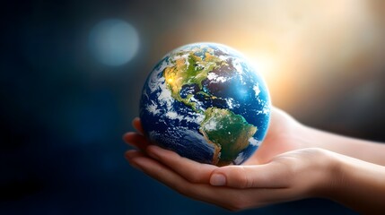 Fototapeta premium Hands gently cradling a glowing globe of the Earth casting a soft nurturing light in the dark This symbolic image represents the concept of global care responsibility and our interconnected world