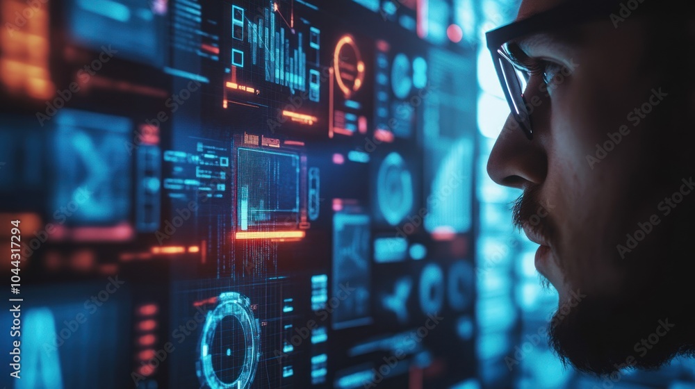 Aufkleber a person analyzing digital data on a futuristic interface.