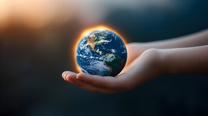 Hands Gently Lifting a Glowing Planet Earth in the Darkness Representing the Importance of Global Unity and Environmental Stewardship for a Sustainable Future