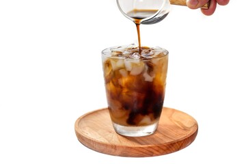 Pictures of Americano ice coffee serving on wooden plates in white background with isolated concept.