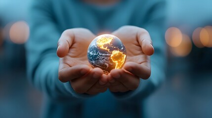 Fototapeta premium Cupped Hands Cradling Glowing Earth in Darkness Symbolizing Global Responsibility and Environmental Stewardship 3D Concept Depicting Protection and Sustainability of Our Planet