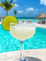 A refreshing margarita garnished with a lime slice, set against a vibrant pool and tropical backdrop.