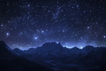 Starry night sky above mountain range with glowing horizon