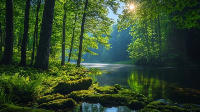 Serene nature-inspired laptop wallpaper featuring a peaceful green forest scene for a calm and refreshing aesthetic.