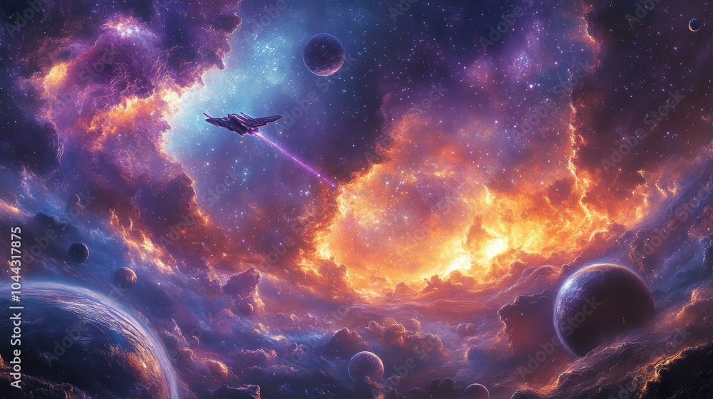 Wall mural epic space-themed laptop wallpaper featuring a distant galaxy with vivid purple, blue, and deep blac