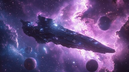 Fototapeta premium Space-themed laptop wallpaper for gamers, showcasing a distant galaxy with vivid nebulae in purple, blue, and deep black tones.