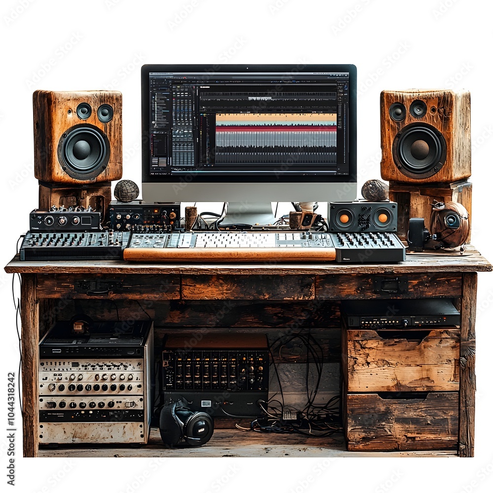 Poster minimalist and organized studio desk setup with editing computer keyboard and other equipment agains