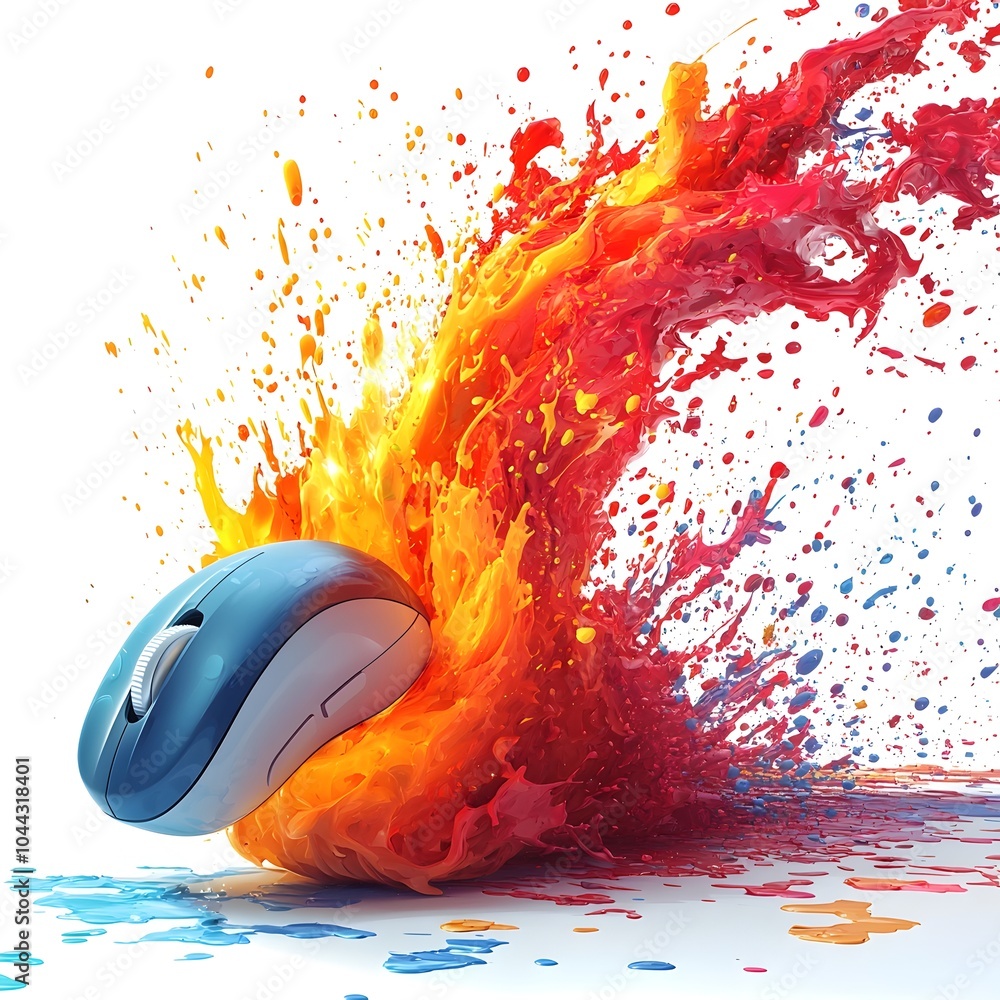 Poster computer mouse transforms into paintbrush symbolizing the power of digital creativity and productivi
