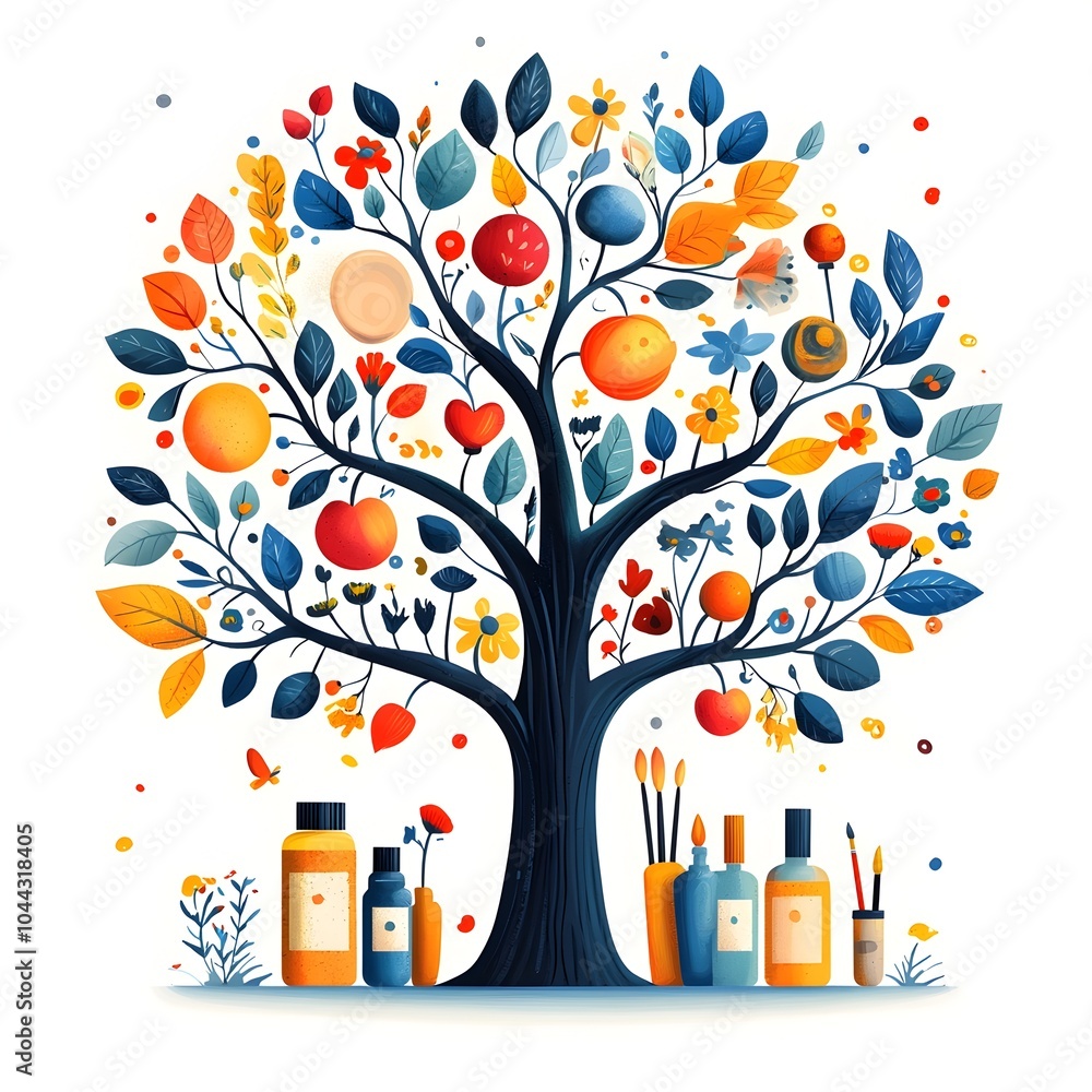Poster tree transforming into various art supplies representing the concept of creative expression and vers