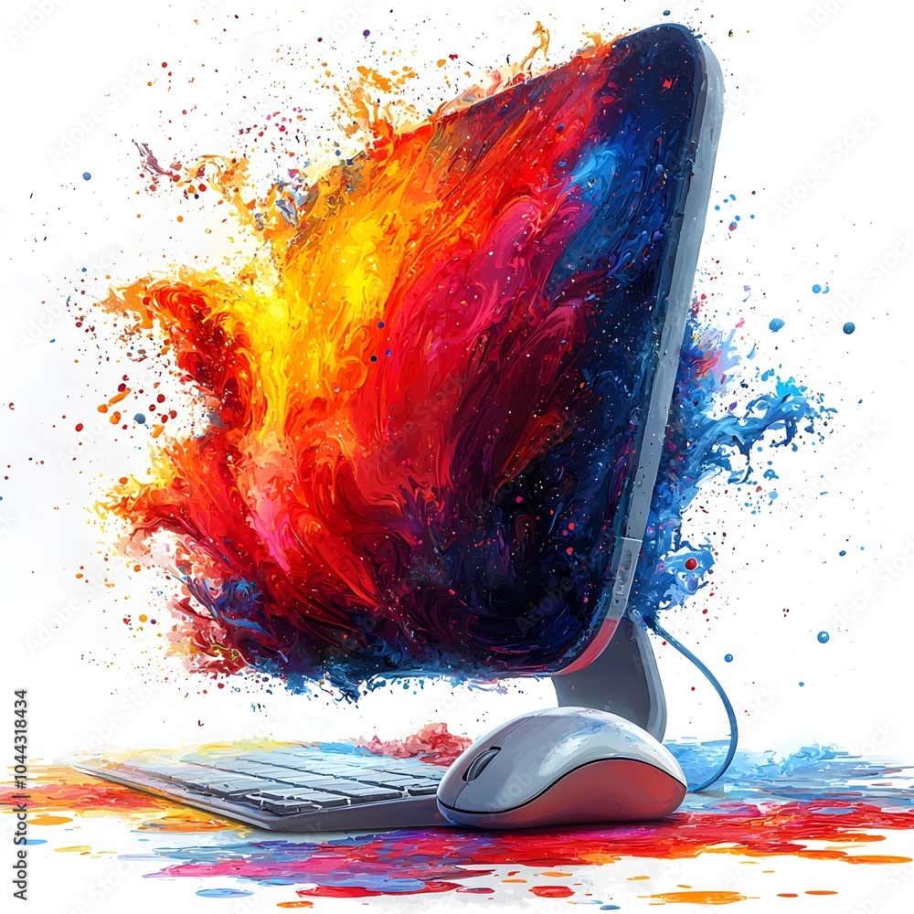 Poster computer mouse metamorphosing into a paintbrush symbolizing the convergence of technology and creati
