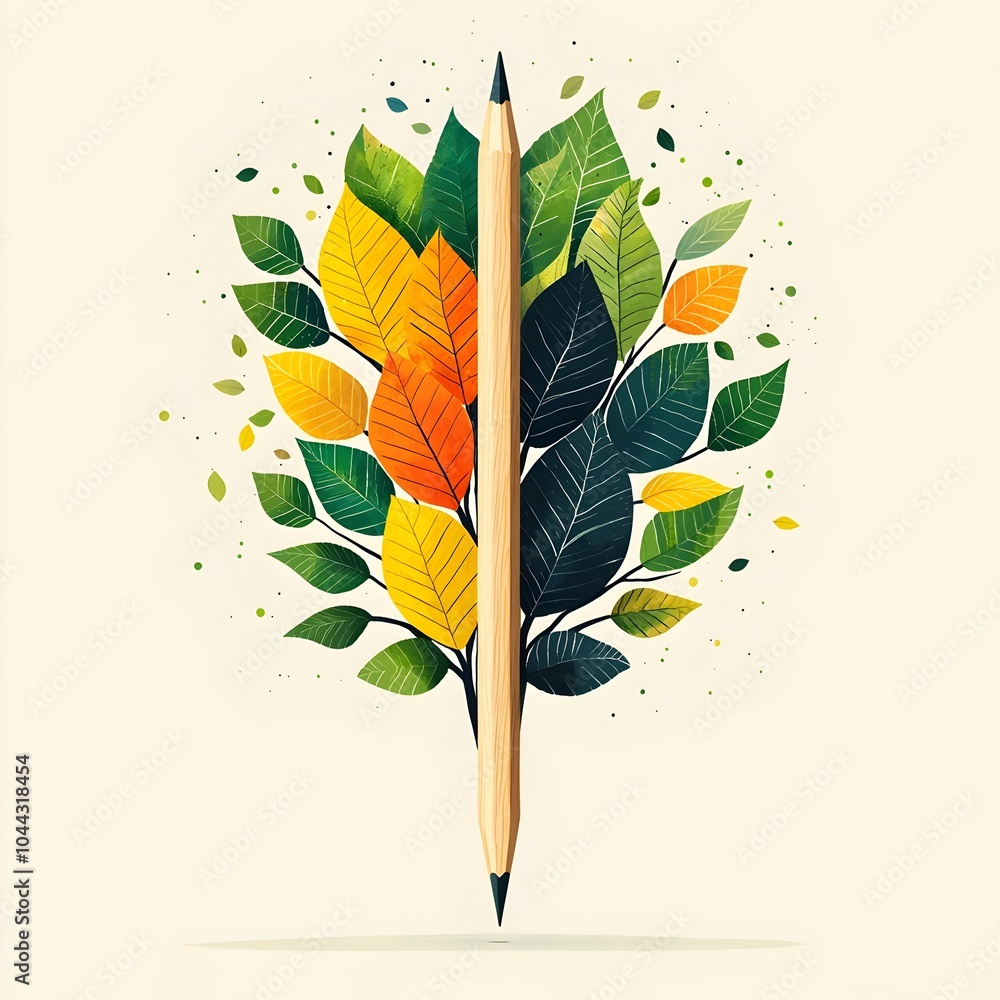 Poster conceptual of a pencil transforming and growing into a tree symbolizing growth transformation and th