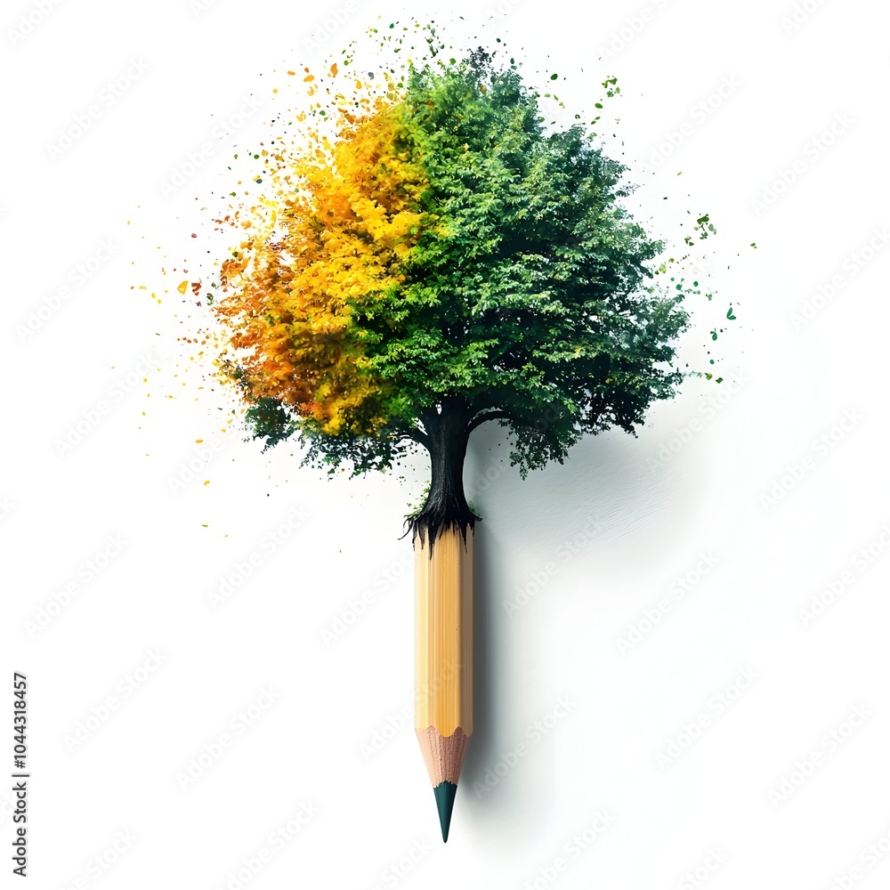 Poster pencil transforming into tree growth and transformation flat design on isolated white background con
