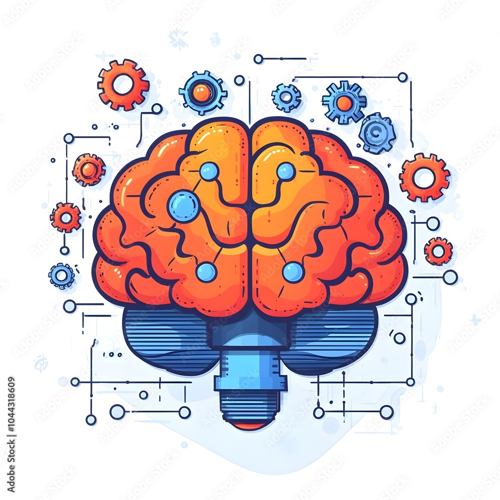 Poster a creative flat design depicting the transformation of mechanical gears into a brain symbolizing the
