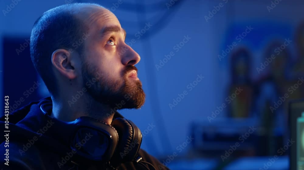 Poster hacker hiding in underground bunker, looking over his shoulder and feeling anxious after stealing da