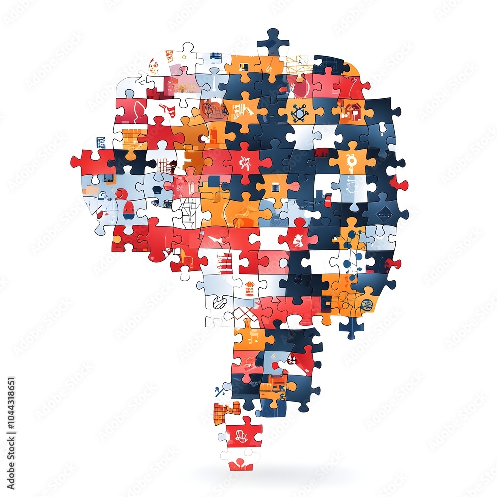 Poster puzzle pieces assembling into the shape of a brain representing the creative problem solving process