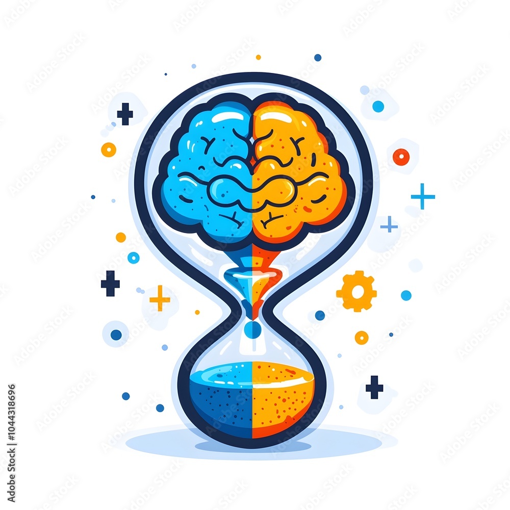 Poster hourglass morphing into brain time fueling creativity conceptual abstract flat design representing t