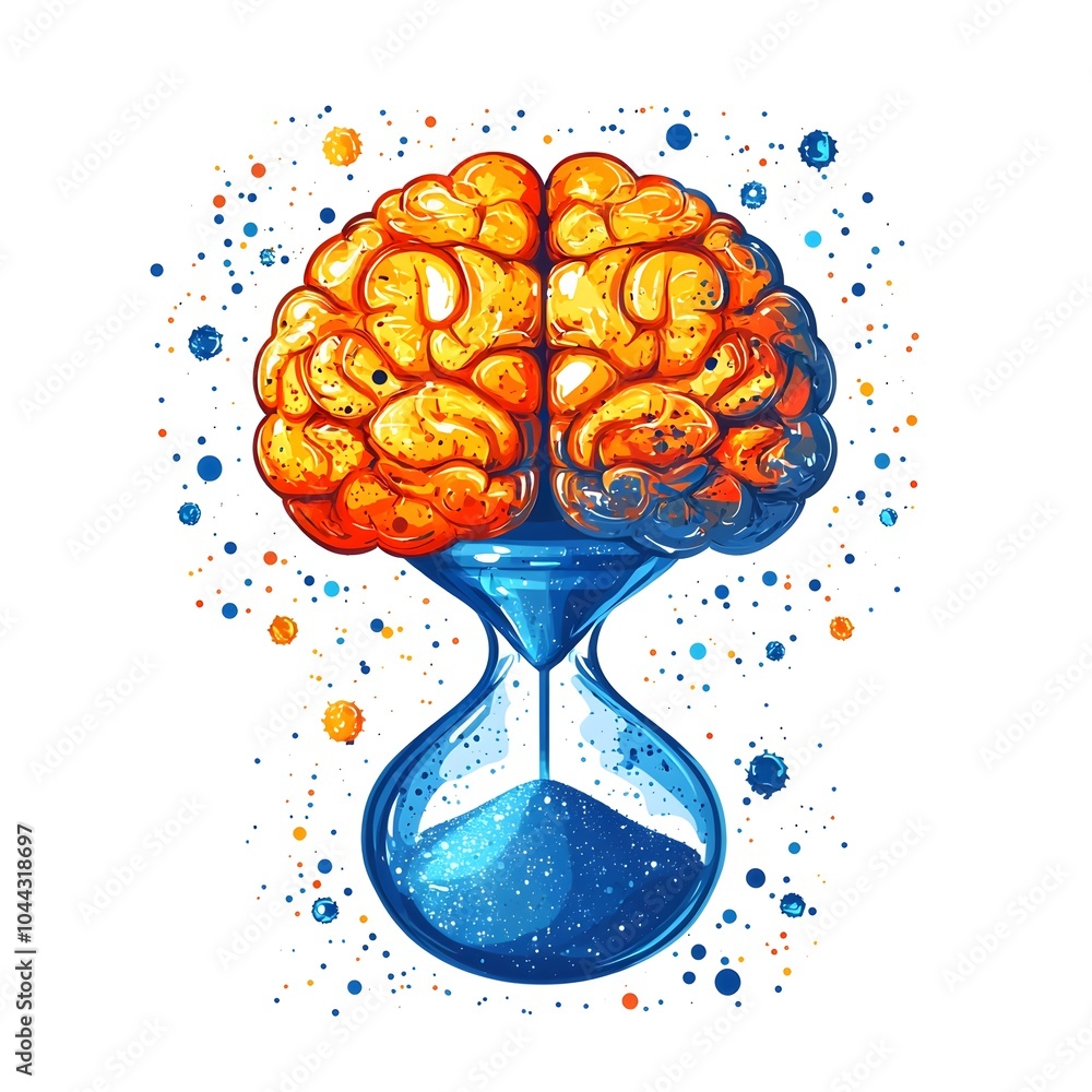 Aufkleber hourglass morphing into a brain representing how time and creative thought intertwine in a flat desi
