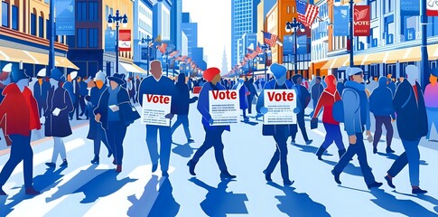 Obraz premium A vibrant street scene depicting people marching with signs advocating for voting rights.