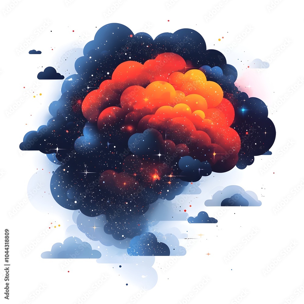 Poster flat design of a cloud transforming into the shape of a human brain symbolizing the imagination and 