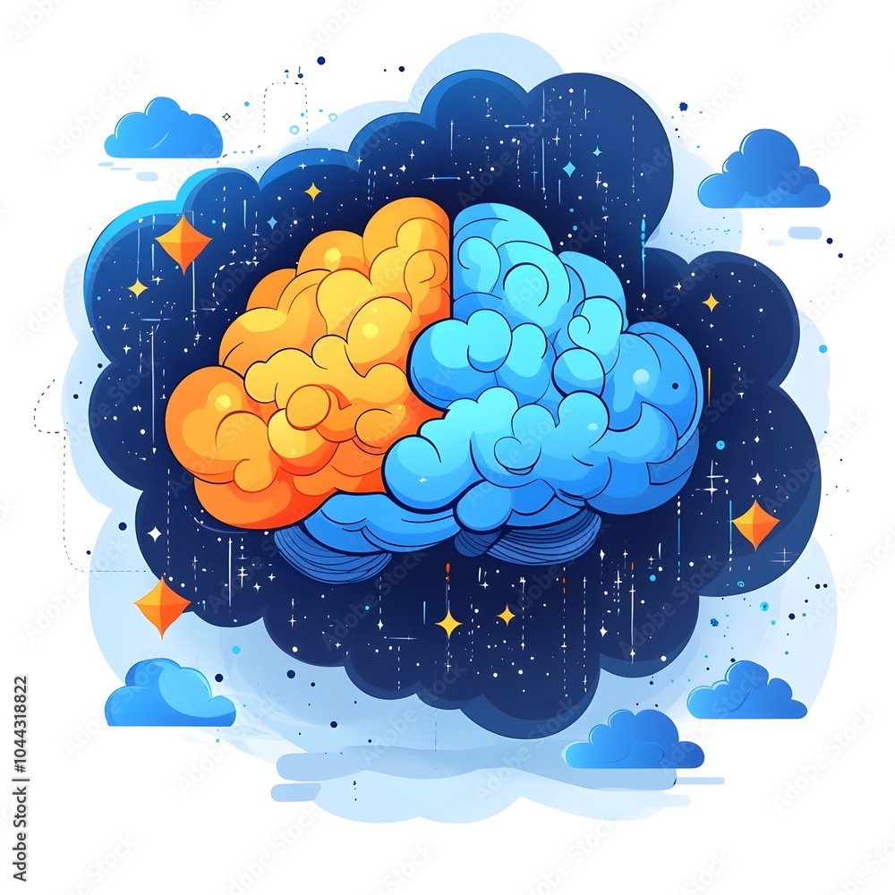 Poster flat design of a cloud transforming into the shape of a glowing luminous brain symbolizing the power